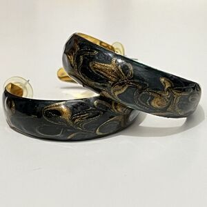 Vintage‎ Metal Hoop Earrings Greenish Black Gold Shimmer 70s